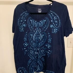 Navy Blue Paisley V-Neck Top